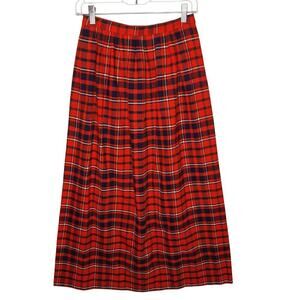Vintage 60s 70s Plaid Maxi Skirt Wool Tartan Schoolgirl Pleated Red Small 26"